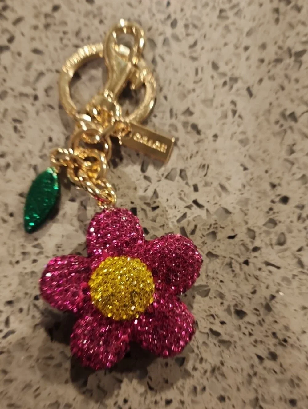 Coach StyleGold-Tone Pink Flower Charm Keyring with Yellow Center and Green Leaf